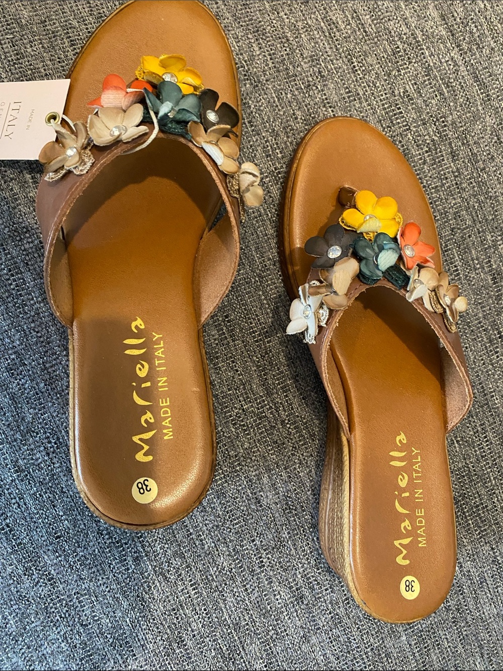 MARELLA Brown Leather Floral-Accent Wedge Mules